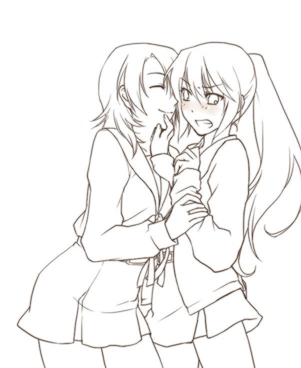 koizumi itsuki, koizumi itsuki (female), kyon, kyonko, suzumiya haruhi no yuuutsu, 00s, 2girls, angry, clenched teeth, cowboy shot, genderswap, genderswap (mtf), multiple girls, parted lips, ponytail, school uniform, serafuku, simple background, skirt, standing, teeth, white background, yuri