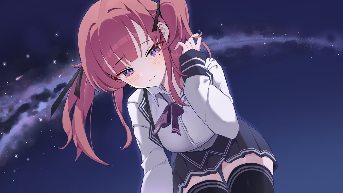 chozgum, natsuki karin, cevio, synthesizer v, highres, 1girl, adjusting hair, black jacket, black ribbon, black thighhighs, blazer, blue background, blue skirt, blunt bangs, blush, bow, bowtie, breasts, closed mouth, collared shirt, hair ribbon, jacket, kneeling, large breasts, long hair, long sleeves, looking at viewer, miniskirt, mole, mole under eye, night, night sky, outdoors, pleated skirt, purple bow, purple bowtie, purple eyes, red hair, ribbon, school uniform, shirt, sidelocks, skirt, sky, solo, suspenders, thighhighs, twintails, white shirt, zettai ryouiki