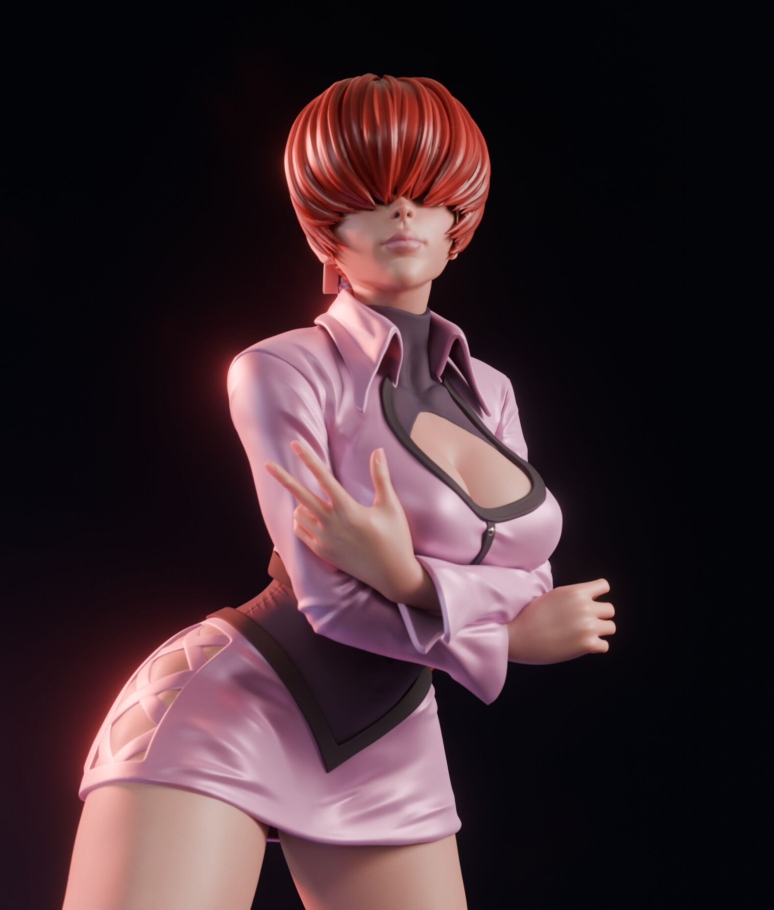shermie (kof), the king of fighters, 1girl, breasts, cleavage, cleavage cutout, clothing cutout, curvy, dress, fishnets, huge breasts, jacket, large breasts, long hair, long sleeves, red hair, shiny skin, skirt, standing, thick thighs, thighs, wide hips