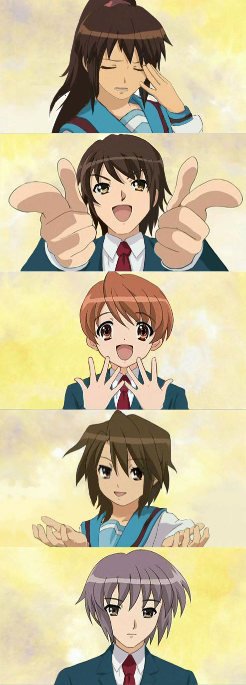 asahina mikuru, asahina mitsuru, koizumi itsuki, koizumi itsuki (female), kyon, kyonko, nagato yuki, nagato yuuki, suzumiya haruhi, suzumiya haruhiko, suzumiya haruhi no yuuutsu, highres, 00s, 2girls, 3boys, genderswap, genderswap (ftm), genderswap (mtf), multiple boys, multiple girls, ponytail, school uniform, serafuku