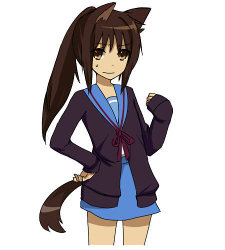 kyon, kyonko, suzumiya haruhi no yuuutsu, gender request, lowres, 00s, 1girl, animal ears, cardigan, cat ears, cat tail, female focus, genderswap, ponytail, school uniform, serafuku, simple background, solo, tail