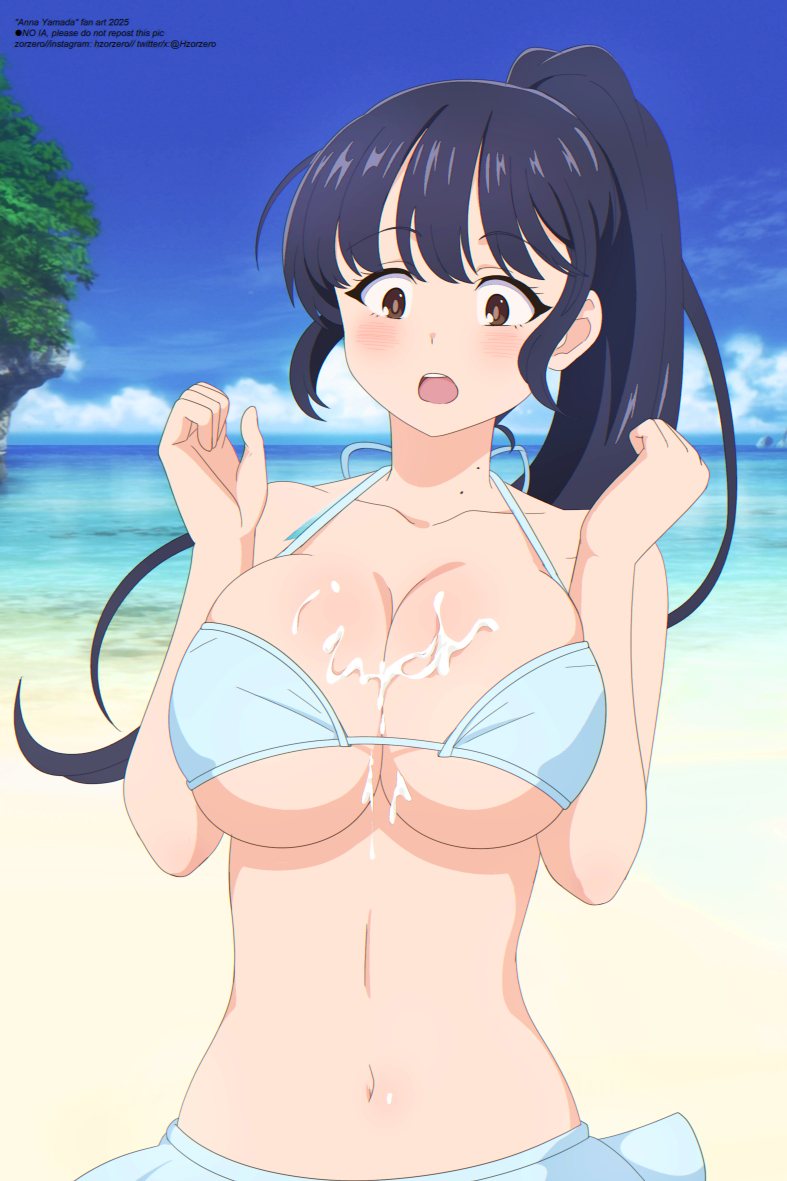 zorzero, yamada anna, boku no kokoro no yabai yatsu, 1girl, beach, black hair, blush, bra, breasts, brown eyes, cream, open mouth, solo, swimsuit, underwear