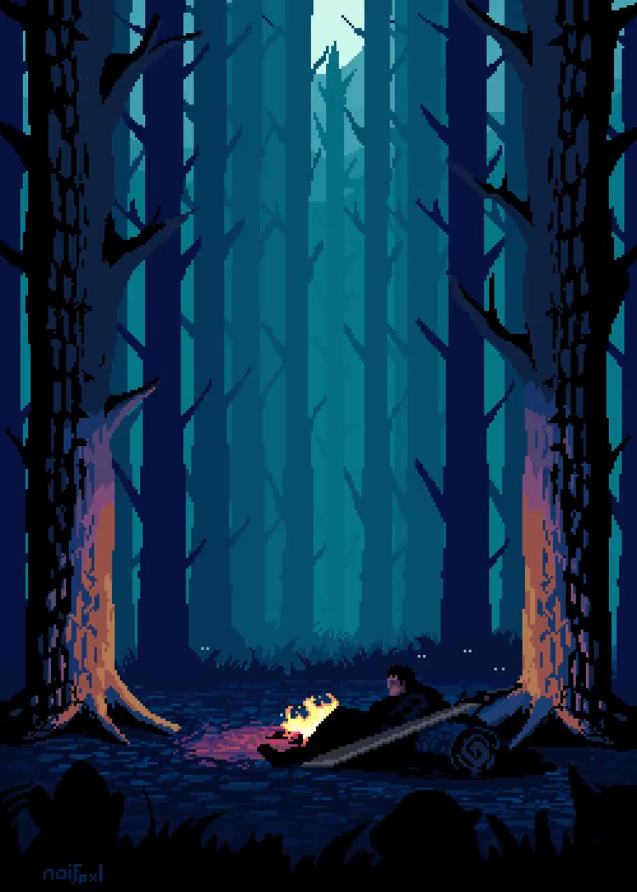 guts (berserk), berserk, animated, highres, looping animation, tagme, video, 1boy, artist name, campfire, fire, fog, forest, full moon, moon, moonlight, naifpxl, nature, night, on ground, outdoors, pixel art, sitting, solo, sword, tree, weapon, wide shot, wind
