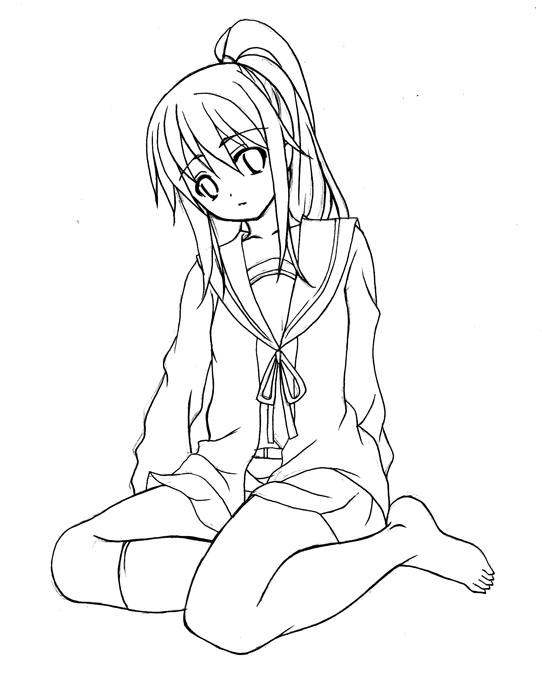 kyon, kyonko, suzumiya haruhi no yuuutsu, gender request, 00s, 1girl, barefoot, female focus, full body, genderswap, greyscale, monochrome, ponytail, school uniform, serafuku, simple background, solo