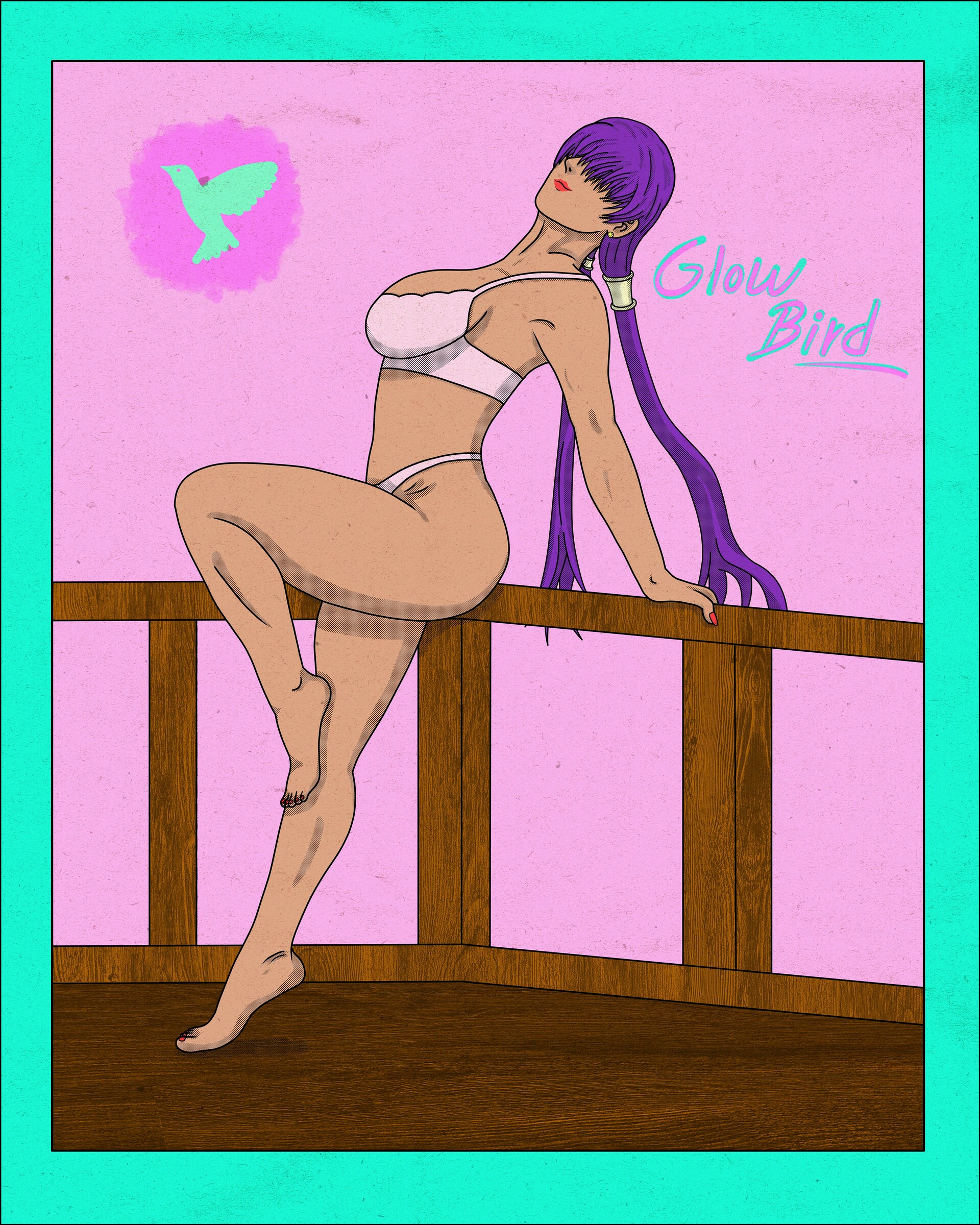 orochi shermie, shermie (kof), the king of fighters, 1girl, barefoot, breasts, curvy, dark-skinned female, dark skin, feet, feet up, glowbird, huge breasts, large breasts, leg up, lingerie, long hair, panties, ponytail, purple hair, tan, thick thighs, thighs, twintails, underwear, white panties, wide hips