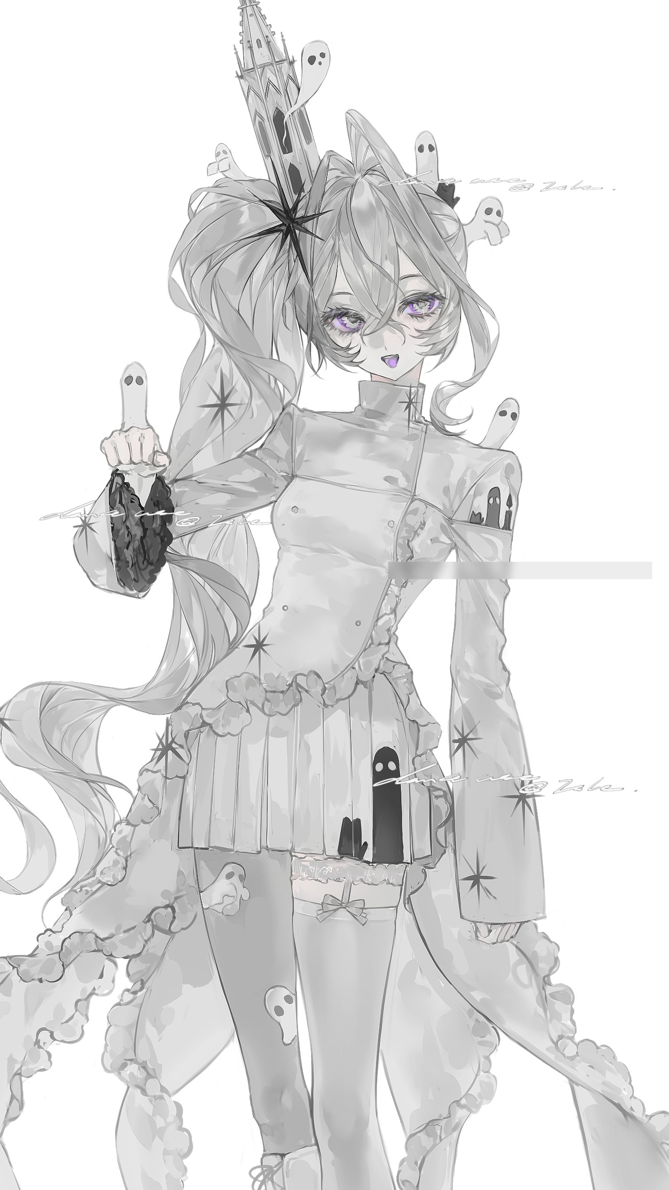 original, absurdres, highres, 1girl, cowboy shot, dress, hair between eyes, hair ornament, heilanshuimuchu, jewelry, long hair, long sleeves, looking at viewer, open mouth, ponytail, purple eyes, side ponytail, simple background, sleeves past wrists, solo, standing, very long hair, white background