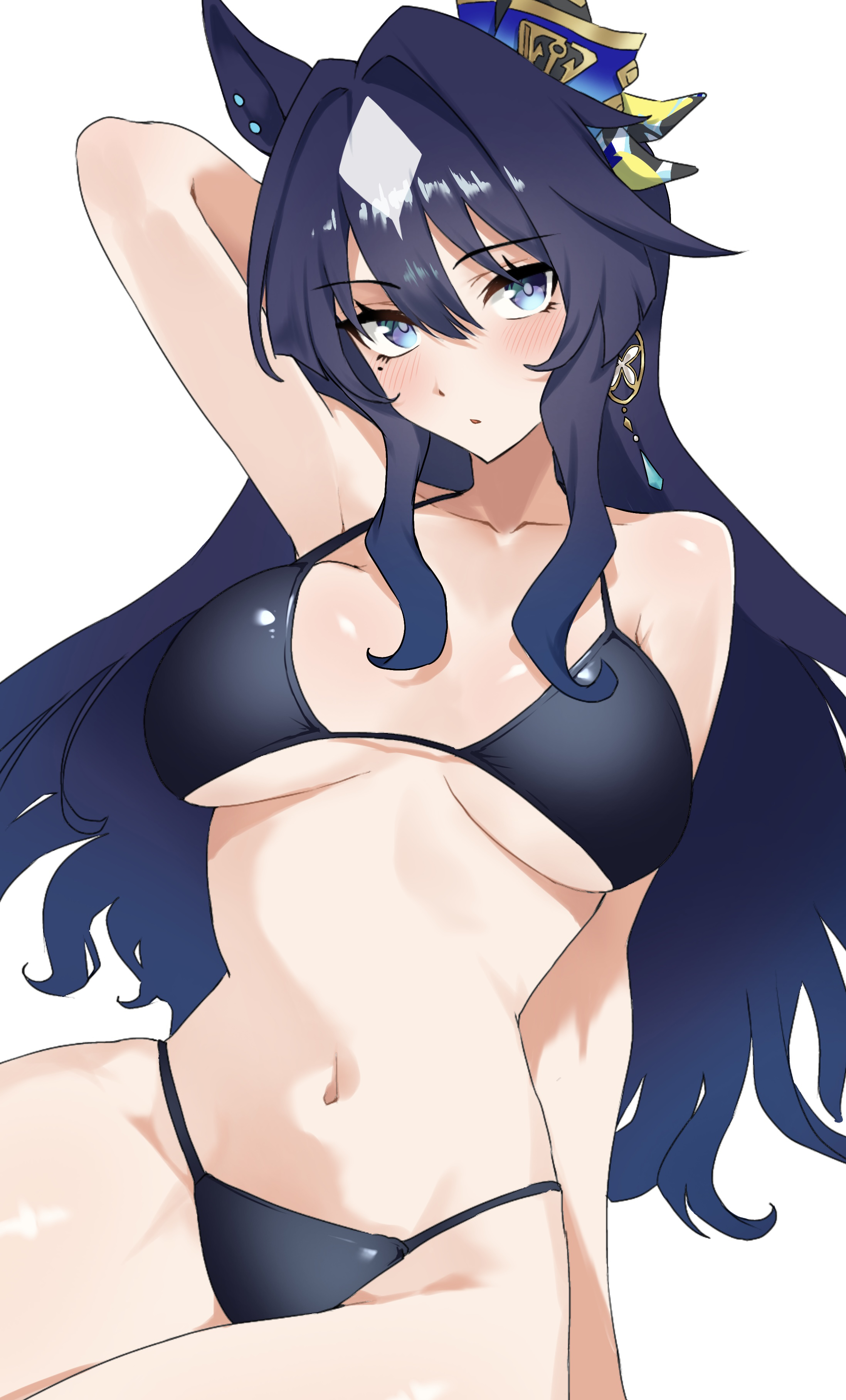 anok7456, verxina (umamusume), umamusume, absurdres, highres, 1girl, animal ears, arm behind head, bare arms, bare shoulders, bikini, black bikini, blue eyes, blue hair, blush, breasts, hair between eyes, horse ears, horse girl, large breasts, long hair, looking at viewer, mole, mole under eye, navel, parted lips, sidelocks, solo, stomach, swimsuit