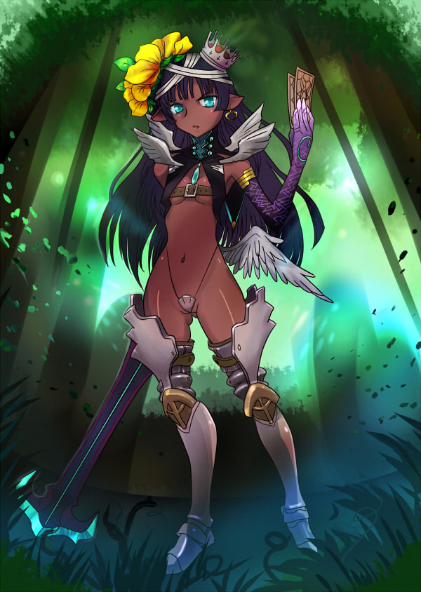 zero hime, original, bad id, 1girl, :o, aqua eyes, armor, bandages, bandeau, belt, belt bra, blue hair, blunt bangs, breasts, bursting breasts, card, crown, dark-skinned female, dark skin, earrings, elf, female focus, flat chest, flower, glowing, grass, greaves, hair flower, hair ornament, highleg, highleg panties, hime cut, holding, holding card, jewelry, leaf, long hair, looking at viewer, midriff, nature, navel, open clothes, open mouth, open shirt, outdoors, panties, pendant, pointy ears, shirt, sky, small breasts, solo, standing, sword, thighhighs, turtleneck, underboob, underwear, weapon, white thighhighs, wings