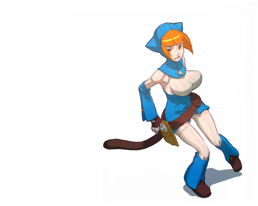 enoughmin, lin, lin (breath of fire), breath of fire, breath of fire v, bad id, bad pixiv id, 1girl, animal ears, animal hood, boots, cat ears, cat hood, cat tail, female focus, gun, handgun, holster, hood, knee boots, orange eyes, orange hair, revolver, solo, tail, weapon