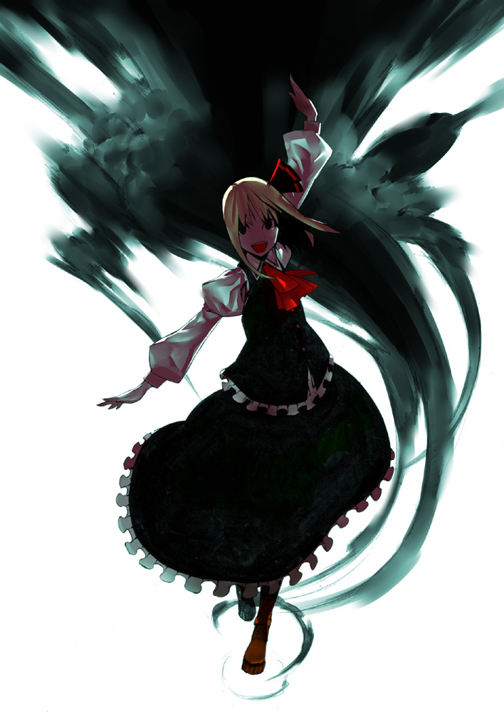 onigunsou, rumia, embodiment of scarlet devil, touhou, 1girl, alternate hairstyle, balancing, blonde hair, bob cut, darkness, female focus, hairband, no nose, open mouth, outstretched arms, red eyes, short hair, skirt, smile, solo, spread arms