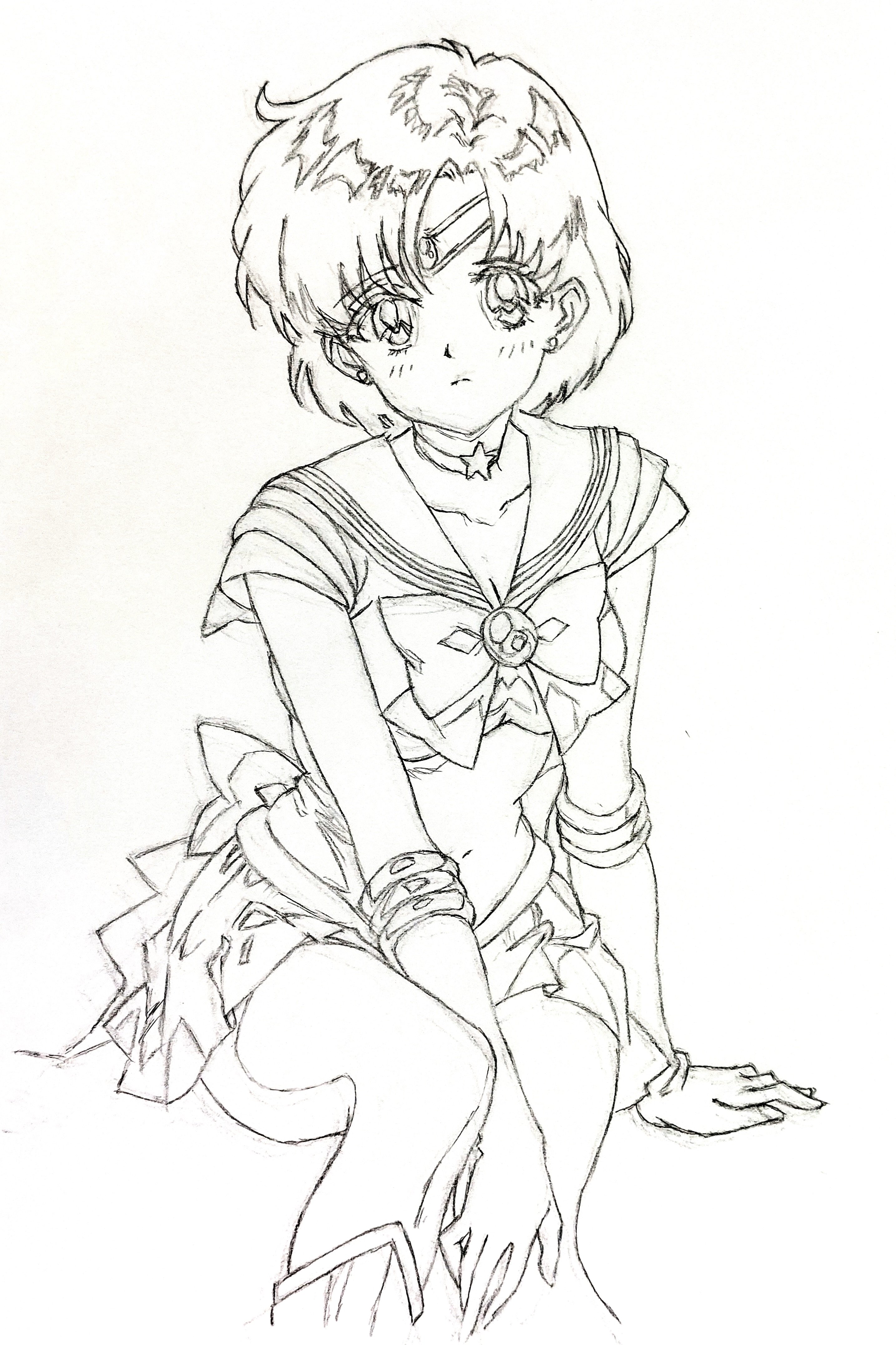 i4teruz, mizuno ami, sailor mercury, super sailor mercury, bishoujo senshi sailor moon, absurdres, commentary request, graphite (medium), highres, traditional media, 1girl, boots, bow, bowtie, brooch, choker, collarbone, earrings, jewelry, looking at viewer, miniskirt, parted bangs, pleated skirt, short hair, simple background, sitting, sketch, skirt, solo, star (symbol), star choker, stud earrings, white background