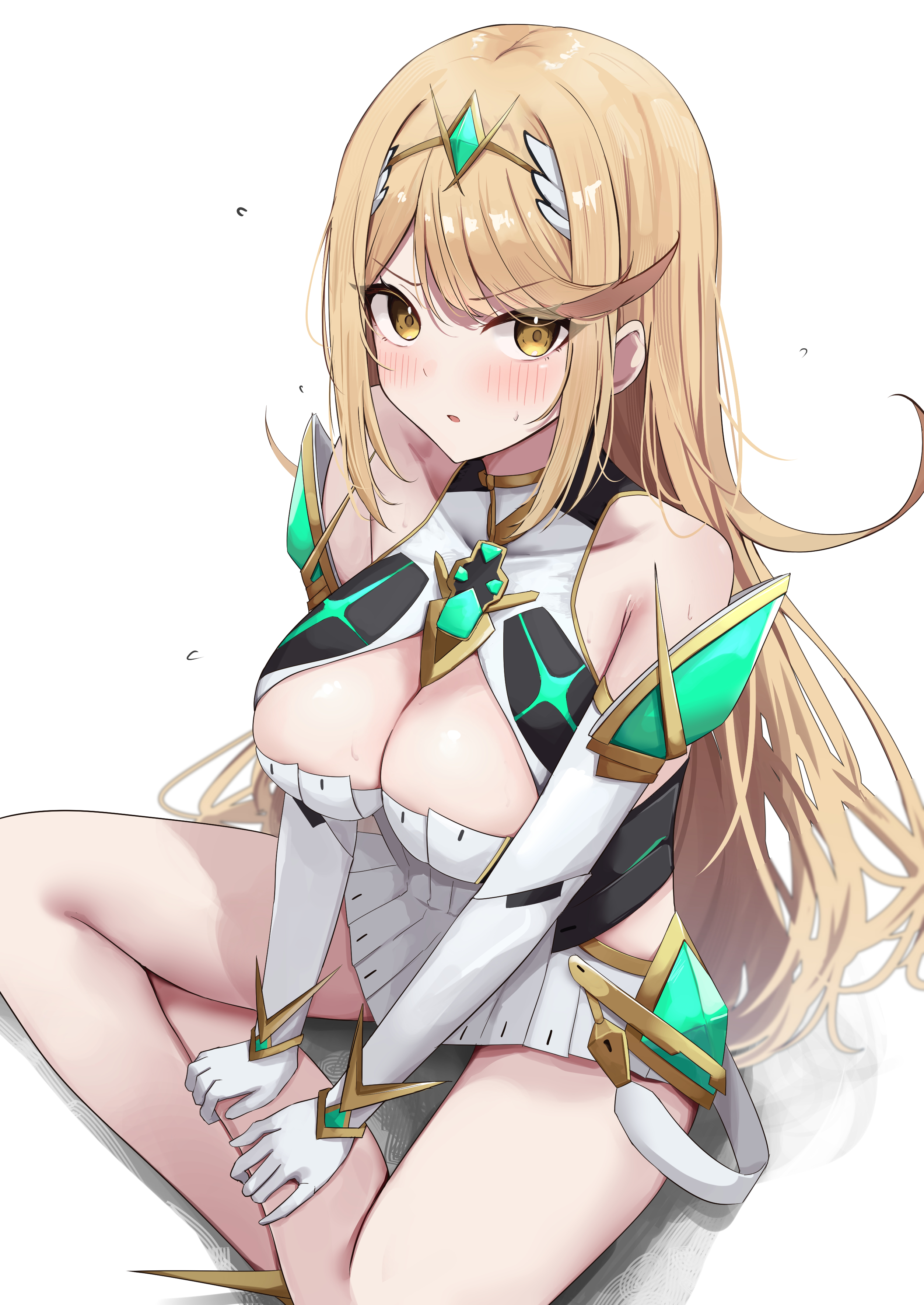 kunizaki, mythra (xenoblade), xenoblade chronicles (series), xenoblade chronicles 2, absurdres, highres, 1girl, bare shoulders, blush, breasts, chest jewel, cleavage, cleavage cutout, clothing cutout, covered collarbone, dress, elbow gloves, gloves, headpiece, indian style, large breasts, long hair, looking at viewer, open mouth, short dress, simple background, sitting, solo, sweat, swept bangs, thighs, tiara, v-shaped eyebrows, white background, white dress, yellow eyes