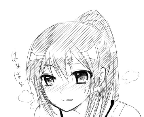 kyon, kyonko, suzumiya haruhi no yuuutsu, gender request, lowres, 00s, 1girl, blush, female focus, genderswap, greyscale, monochrome, ponytail, simple background, solo