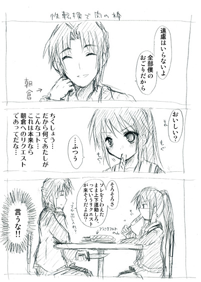 asakura ryoko, kyon, kyonko, suzumiya haruhi no yuuutsu, 00s, 1boy, 1girl, braid, comic, eating, genderswap, genderswap (ftm), genderswap (mtf), greyscale, knife, monochrome, short hair, speech bubble, table