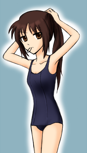 kyon, kyonko, suzumiya haruhi no yuuutsu, gender request, 00s, 1girl, female focus, genderswap, gradient background, one-piece swimsuit, ponytail, school swimsuit, solo, swimsuit