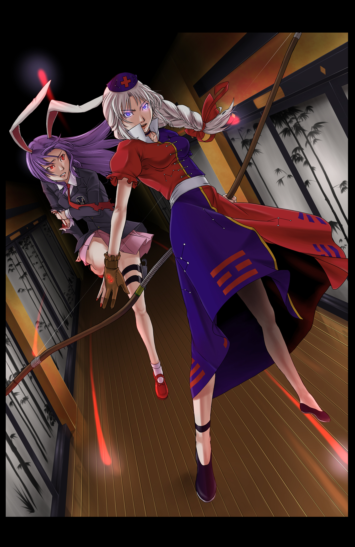 himegami shino, reisen udongein inaba, saigyouji yuyuko, yagokoro eirin, touhou, bad id, bad pixiv id, highres, 2girls, animal ears, blood, bow (weapon), female focus, floating, gloves, hallway, injury, looking at viewer, multiple girls, rabbit ears, serious, single glove, trigram, weapon