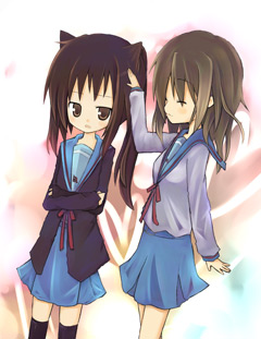 koizumi itsuki, koizumi itsuki (female), kyon, kyonko, suzumiya haruhi no yuuutsu, lowres, 00s, 2girls, animal ears, blush, cardigan, cat ears, genderswap, genderswap (mtf), glasses, multiple girls, ponytail, school uniform, serafuku