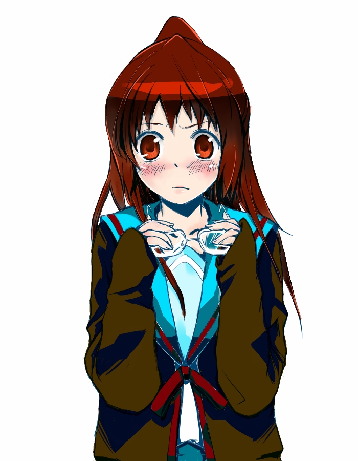 kyon, kyonko, suzumiya haruhi no yuuutsu, gender request, 00s, 1girl, blush, cardigan, female focus, genderswap, glasses, ponytail, school uniform, serafuku, simple background, solo