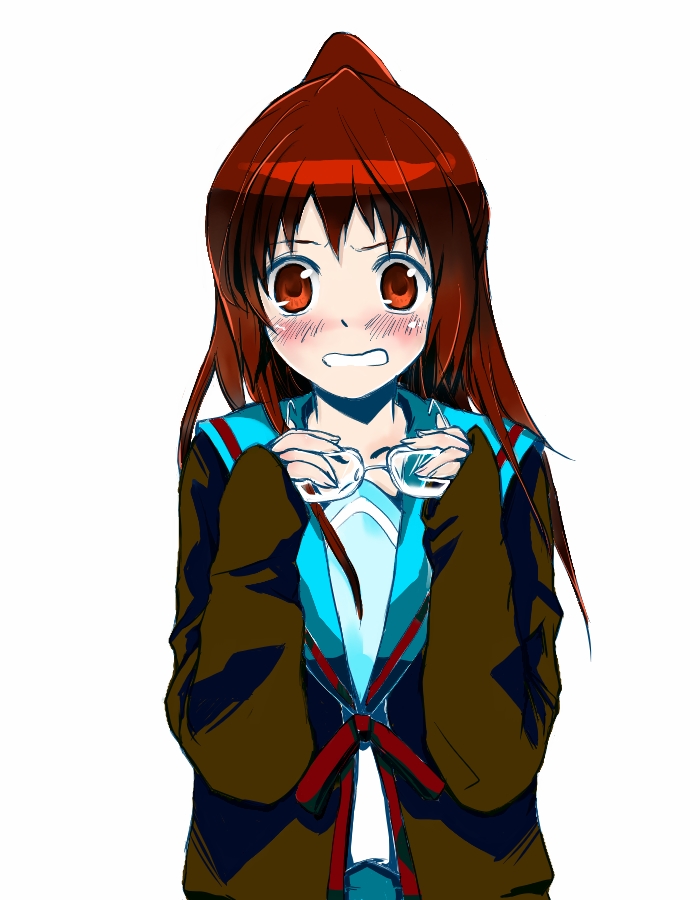 kyon, kyonko, suzumiya haruhi no yuuutsu, gender request, 00s, 1girl, blush, cardigan, female focus, genderswap, glasses, ponytail, school uniform, serafuku, simple background, solo