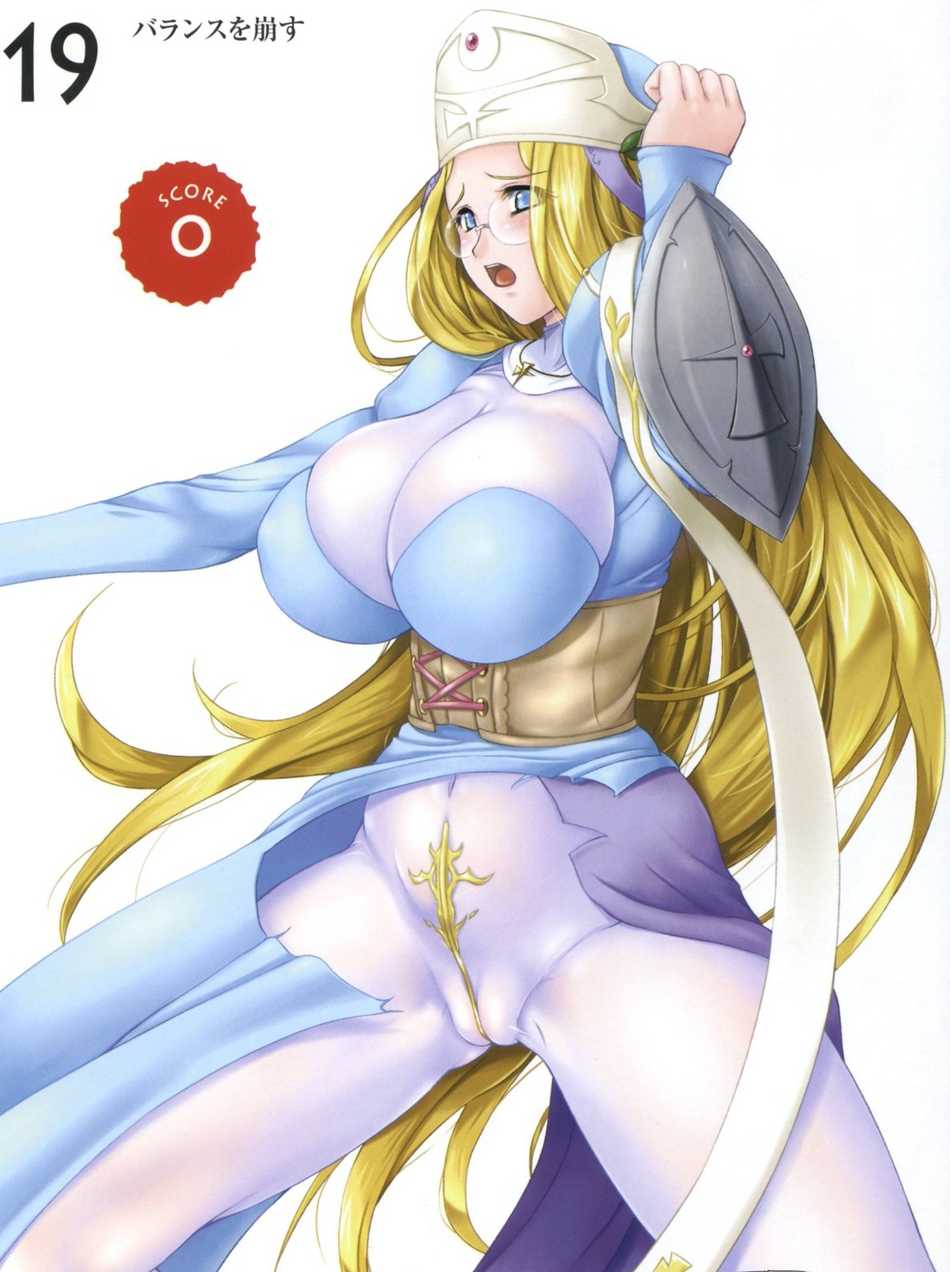 zundarepon, gainos priestess melpha, melpha, queen's blade, highres, 00s, blonde hair, blue eyes, bodysuit, breasts, cameltoe, glasses, huge breasts, long hair, melpha (queen's blade), shield, solo, very long hair