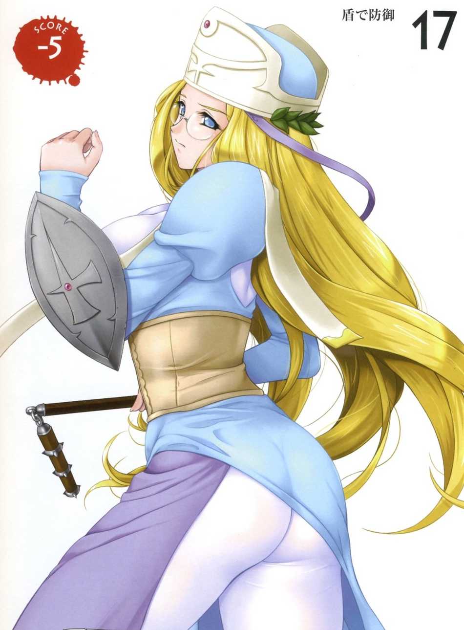 zundarepon, gainos priestess melpha, melpha, queen's blade, highres, 00s, ass, blonde hair, blue eyes, bodysuit, glasses, long hair, shield, solo, very long hair