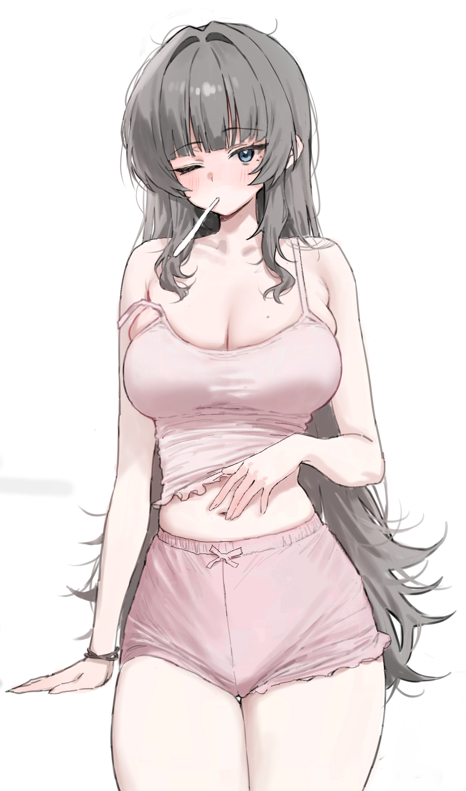 mochirong, original, absurdres, highres, paid reward available, 1girl, bare arms, bare shoulders, blue eyes, blush, breasts, cleavage, closed mouth, cowboy shot, grey hair, large breasts, long hair, looking at viewer, navel, one eye closed, pink shirt, pink shorts, shirt, shorts, simple background, sleeveless, sleeveless shirt, solo, stomach, white background