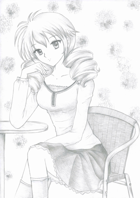 pina (redjasper), feldt grace, gundam, gundam 00, bad id, bad pixiv id, 00s, drill hair, greyscale, monochrome, sitting, solo