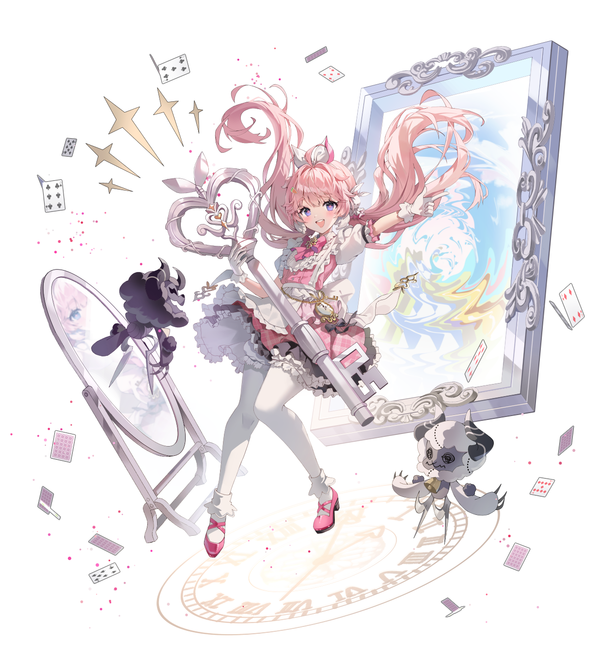 gin (gin937), encore (wuthering waves), wuthering waves, commentary, highres, 1girl, :d, apron, blush, dress, floating hair, frilled apron, frilled dress, frills, full body, gloves, hair floating upwards, holding, holding key, key, looking at viewer, maid, mirror, open mouth, outstretched arm, oversized object, pantyhose, pink dress, pink hair, pink shoes, pointing, purple eyes, shoes, short sleeves, smile, solo, twintails, white apron, white background, white gloves, white pantyhose