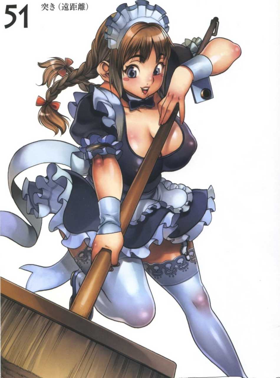 f.s., melona (queen's blade), protean assassin melona, queen's blade, highres, official art, + +, 00s, 1girl, blue eyes, braid, breasts, broom, brown hair, cleavage, detached collar, female focus, garter straps, large breasts, maid, simple background, solo, thighhighs, twin braids, white background, white thighhighs, wrist cuffs