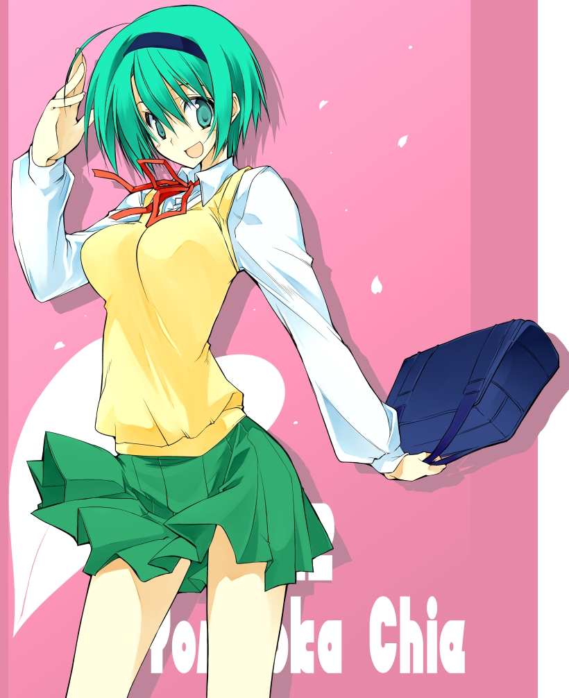 10mo, yoshioka chie, to heart (series), to heart 2, 00s, 1girl, :d, character name, female focus, green eyes, green hair, green skirt, holding, long sleeves, looking at viewer, matching hair/eyes, open mouth, pink background, red ribbon, ribbon, short hair, simple background, skirt, smile, solo, standing, sweater vest, waving