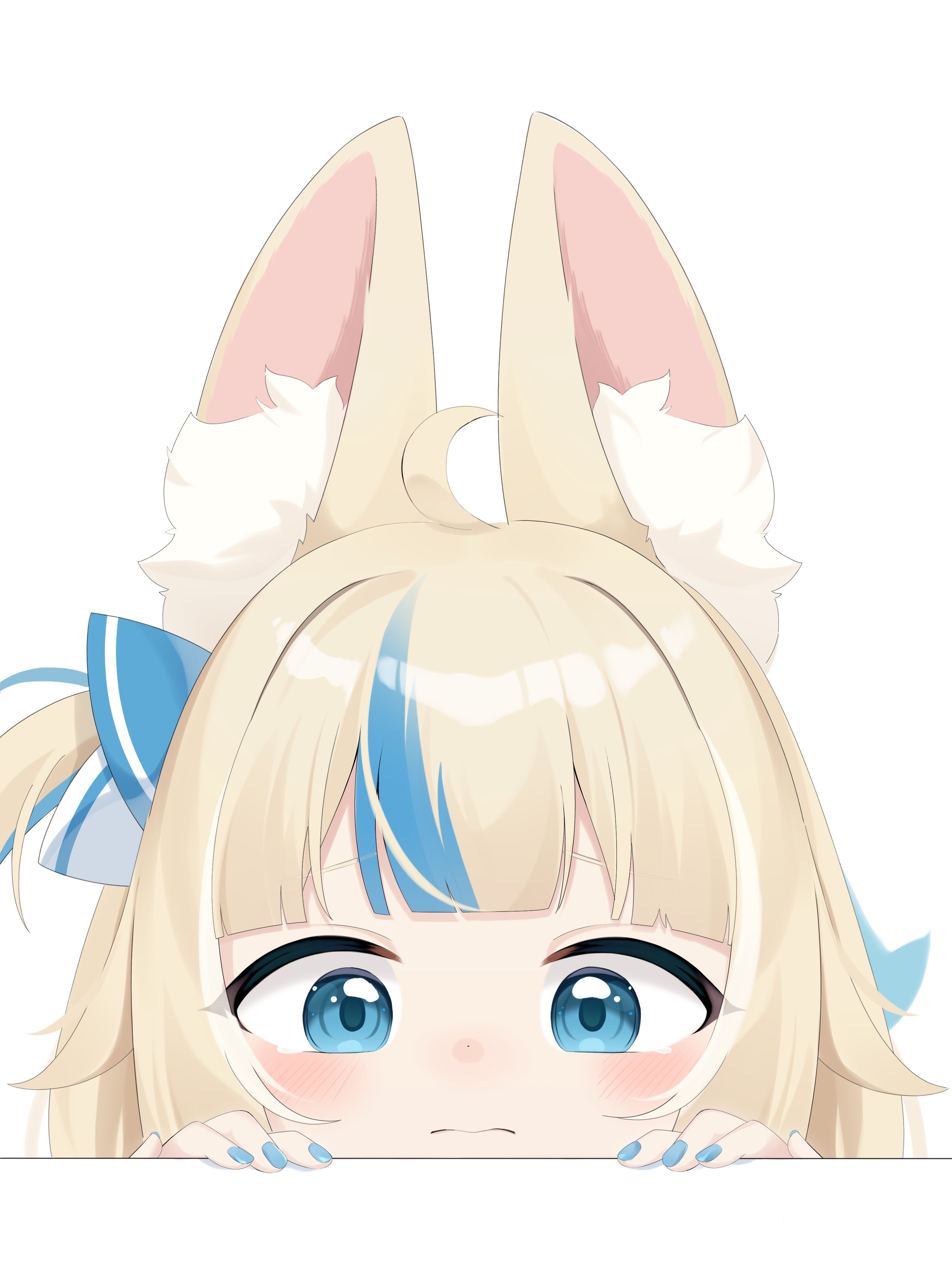snmdx, sameko saba, indie virtual youtuber, absurdres, highres, 1girl, 3:, ahoge, animal ear fluff, animal ears, blonde hair, blue eyes, blue hair, blue nails, blunt bangs, blush, cat ears, fang, frown, multicolored hair, nail polish, one side up, paper boat, peeking out, sidelocks, simple background, solo, streaked hair, virtual youtuber, white background