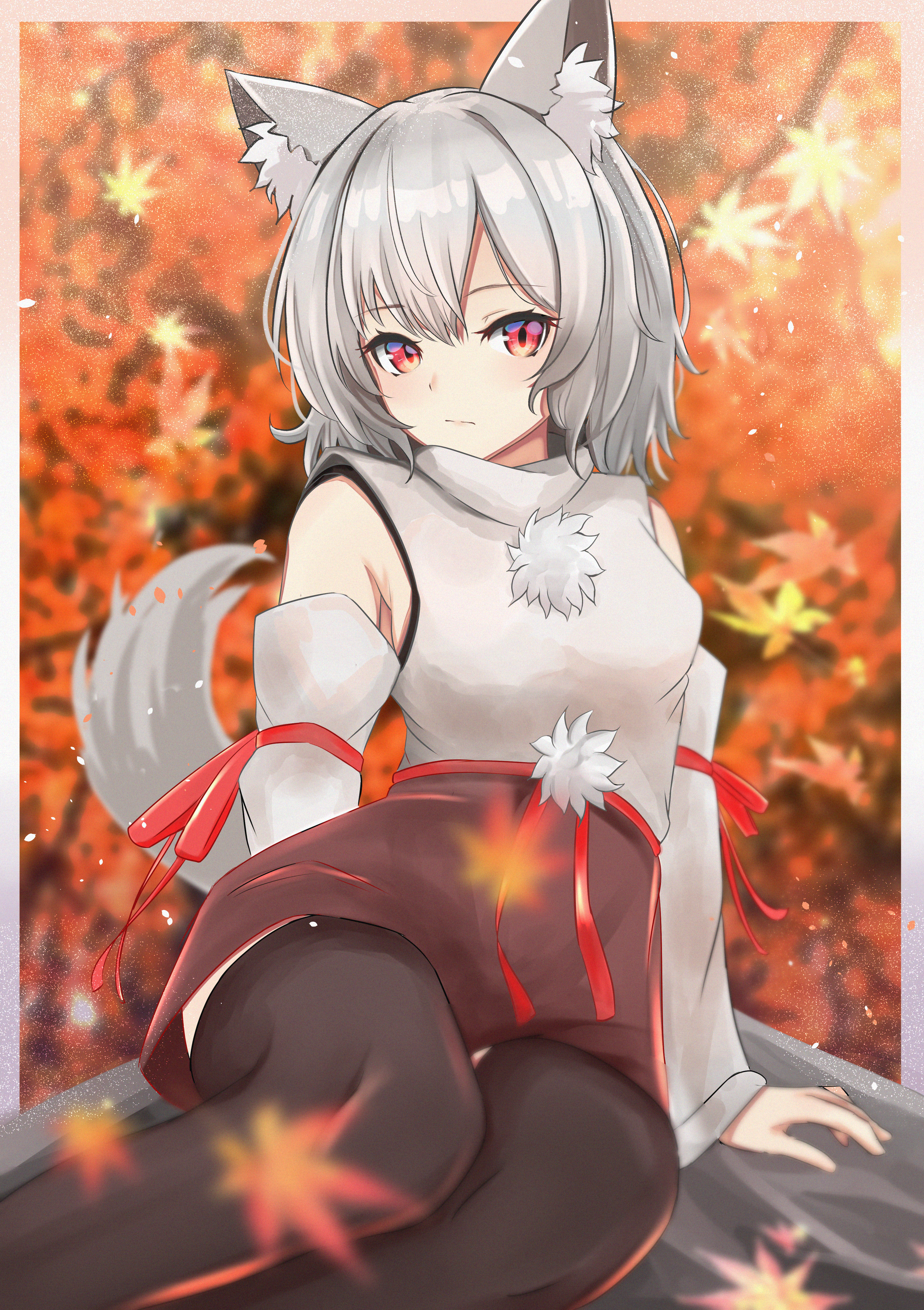 kuromiz, inubashiri momiji, touhou, absurdres, commentary request, highres, 1girl, :/, animal ear fluff, animal ears, autumn, belt, black leggings, black trim, blurry, blurry background, blurry foreground, border, breasts, closed mouth, depth of field, detached sleeves, falling leaves, feet out of frame, grey hair, hair between eyes, large breasts, leaf, leggings, long sleeves, looking at viewer, maple leaf, medium hair, no headwear, outdoors, pom pom (clothes), red belt, red eyes, red ribbon, red skirt, ribbon, ribbon-trimmed sleeves, ribbon trim, rock, shirt, sitting, skirt, solo, tail, white border, white shirt, wide sleeves, wolf ears, wolf girl, wolf tail, yokozuwari