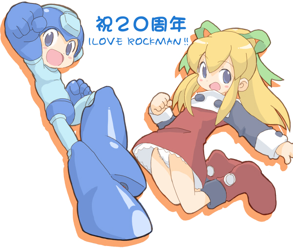 core (mayomayo), mega man (character), roll (mega man), capcom, mega man (classic), mega man (series), bad id, bad pixiv id, 1boy, 1girl, boots, english text, knee boots, panties, red skirt, skirt, underwear