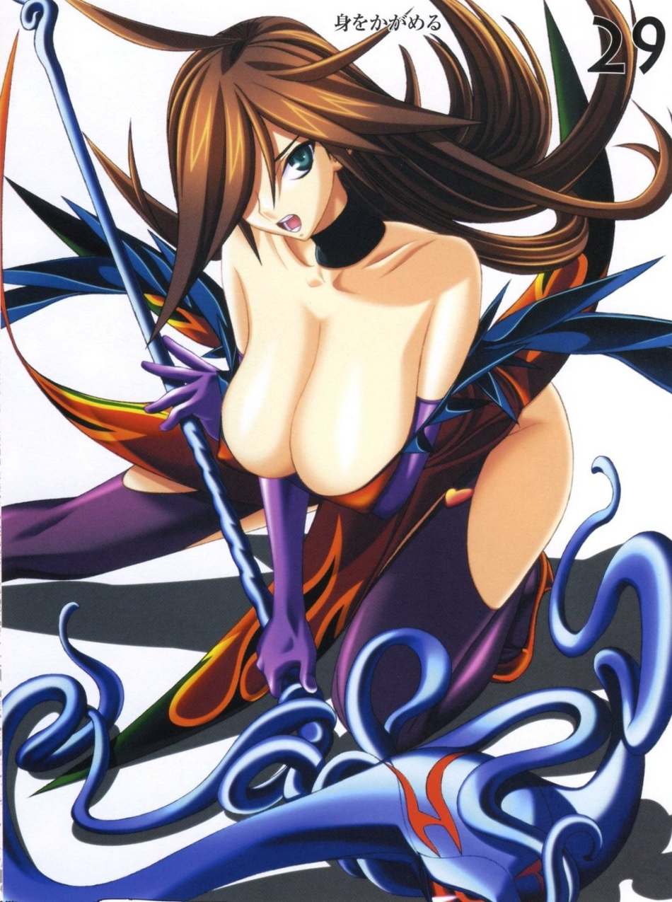 kuroki masahiro, flame master nyx, funikura, nyx (queen's blade), queen's blade, breast hold, highres, official art, scan, 00s, 1girl, :o, ahoge, aqua eyes, bare shoulders, blue eyes, breasts, brown hair, choker, cleavage, collarbone, covered erect nipples, dress, elbow gloves, feathers, female focus, fighting stance, flame print, flipped hair, floating hair, garter straps, gloves, hair over one eye, high heels, holding, huge breasts, kneeling, leaning forward, long hair, looking at viewer, off shoulder, one-eyed, open mouth, purple gloves, purple thighhighs, red dress, red eyes, scythe, shadow, shoes, side slit, solo, spread legs, staff, tentacles, thighhighs, tiptoes, weapon, wind, wind lift