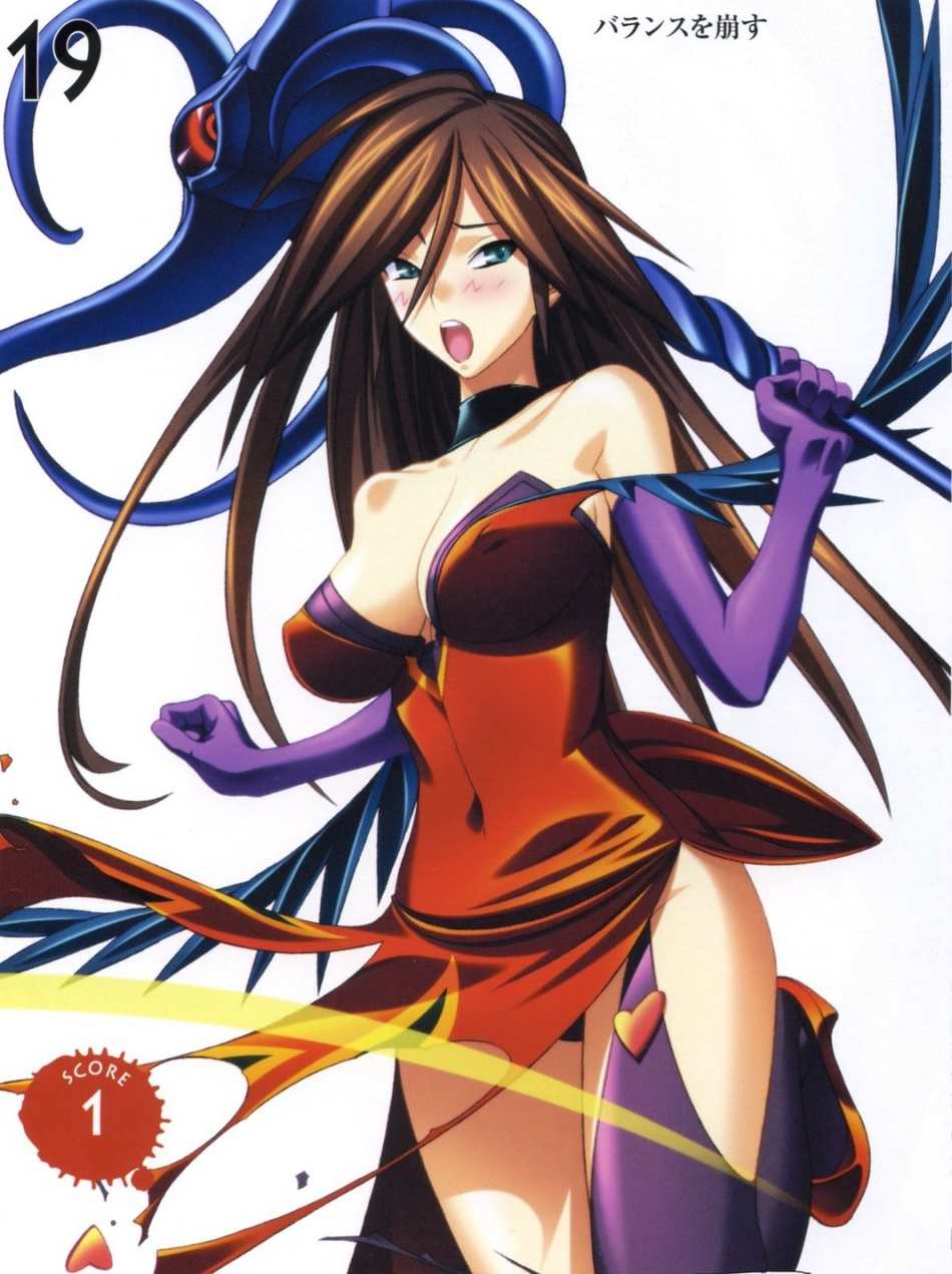kuroki masahiro, flame master nyx, funikura, nyx (queen's blade), queen's blade, highres, official art, scan, 00s, 1girl, :o, aqua eyes, bare shoulders, blood, blood splatter, blue eyes, blush, breasts, brown hair, bustier, choker, cleavage, covered navel, cowboy shot, dress, elbow gloves, feathers, female focus, flame print, garter straps, gloves, hair between eyes, heart, high heels, holding, large breasts, leg lift, long hair, looking at viewer, off shoulder, one-eyed, open mouth, over shoulder, panties, pantyshot, purple gloves, purple thighhighs, red dress, red eyes, shoes, side slit, simple background, solo, staff, standing, standing on one leg, tentacles, thighhighs, torn clothes, torn dress, underwear, very long hair, weapon, weapon over shoulder, white background