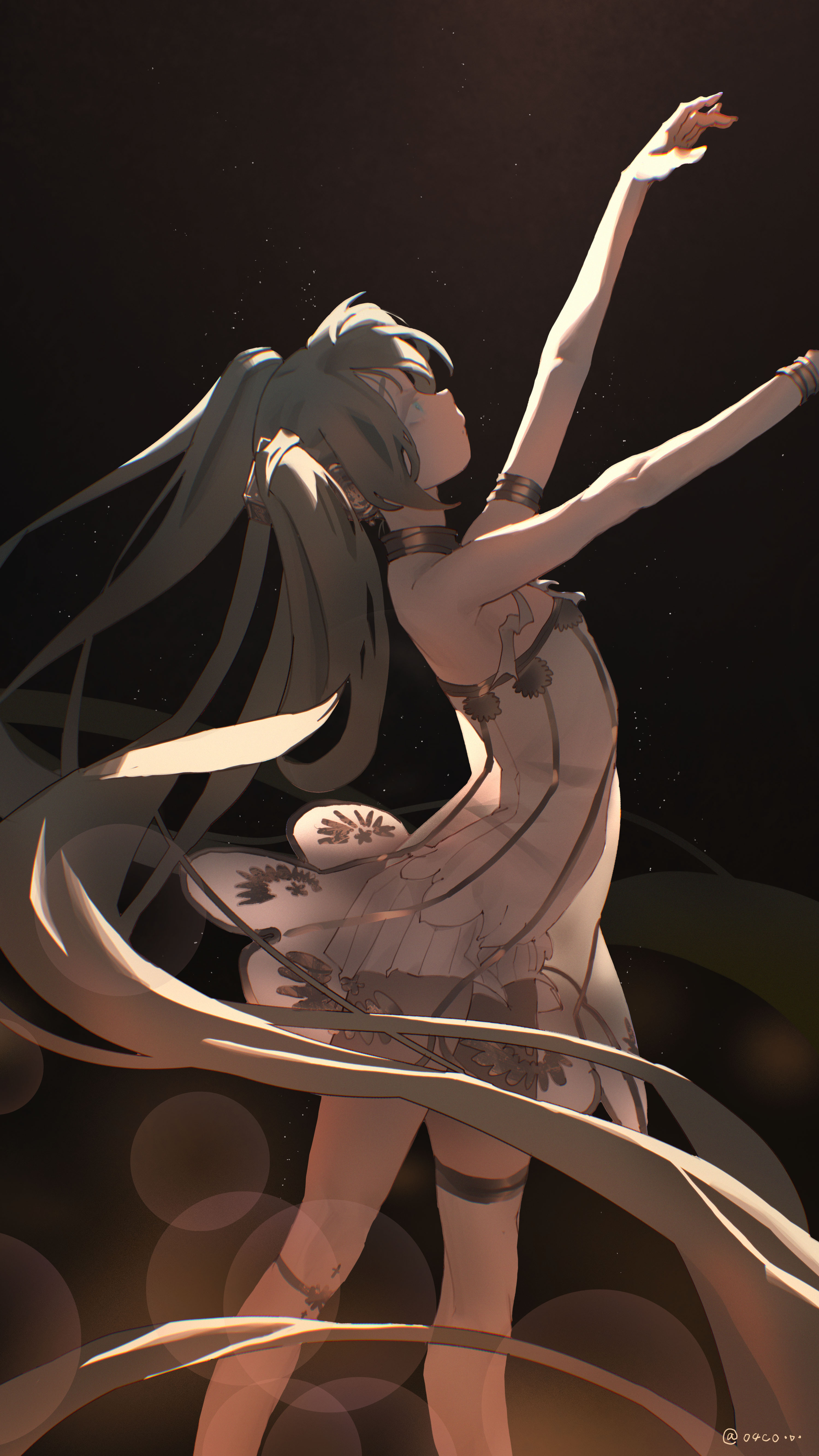 04c0, gramophone miku, hatsune miku, miku symphony (vocaloid), vocaloid, gold armlet, absurdres, highres, 1girl, arms up, asymmetrical legwear, ballerina, black background, bracelet, closed mouth, dress, gold bracelet, green eyes, green hair, jewelry, long hair, looking up, official alternate costume, official alternate hairstyle, strapless, strapless dress, thighhighs, tutu, twintails, white dress, white thighhighs
