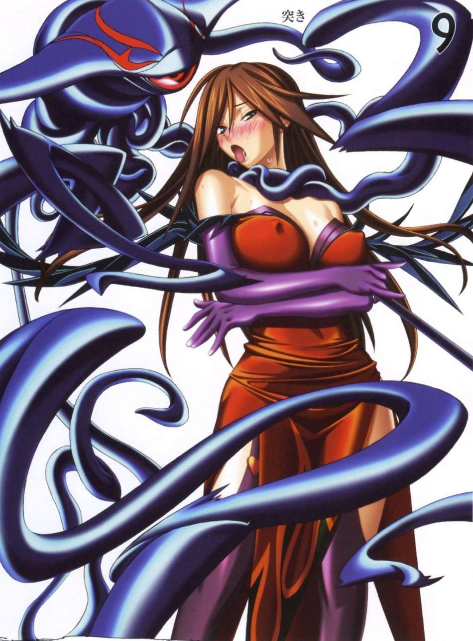 kuroki masahiro, flame master nyx, funikura, nyx (queen's blade), queen's blade, highres, official art, scan, 00s, 1girl, :o, ahegao, ahoge, bare shoulders, blue eyes, blush, breasts, brown hair, bustier, cleavage, covered erect nipples, covered navel, crossed arms, dress, elbow gloves, feathers, female focus, flipped hair, garter straps, gloves, green eyes, hair between eyes, heart, imminent rape, large breasts, long hair, looking at viewer, m/, nose blush, off shoulder, one-eyed, open mouth, purple gloves, purple thighhighs, red dress, red eyes, saliva, side slit, simple background, solo, staff, standing, strangling, sweat, thighhighs, tongue, tongue out, underwear, weapon, white background
