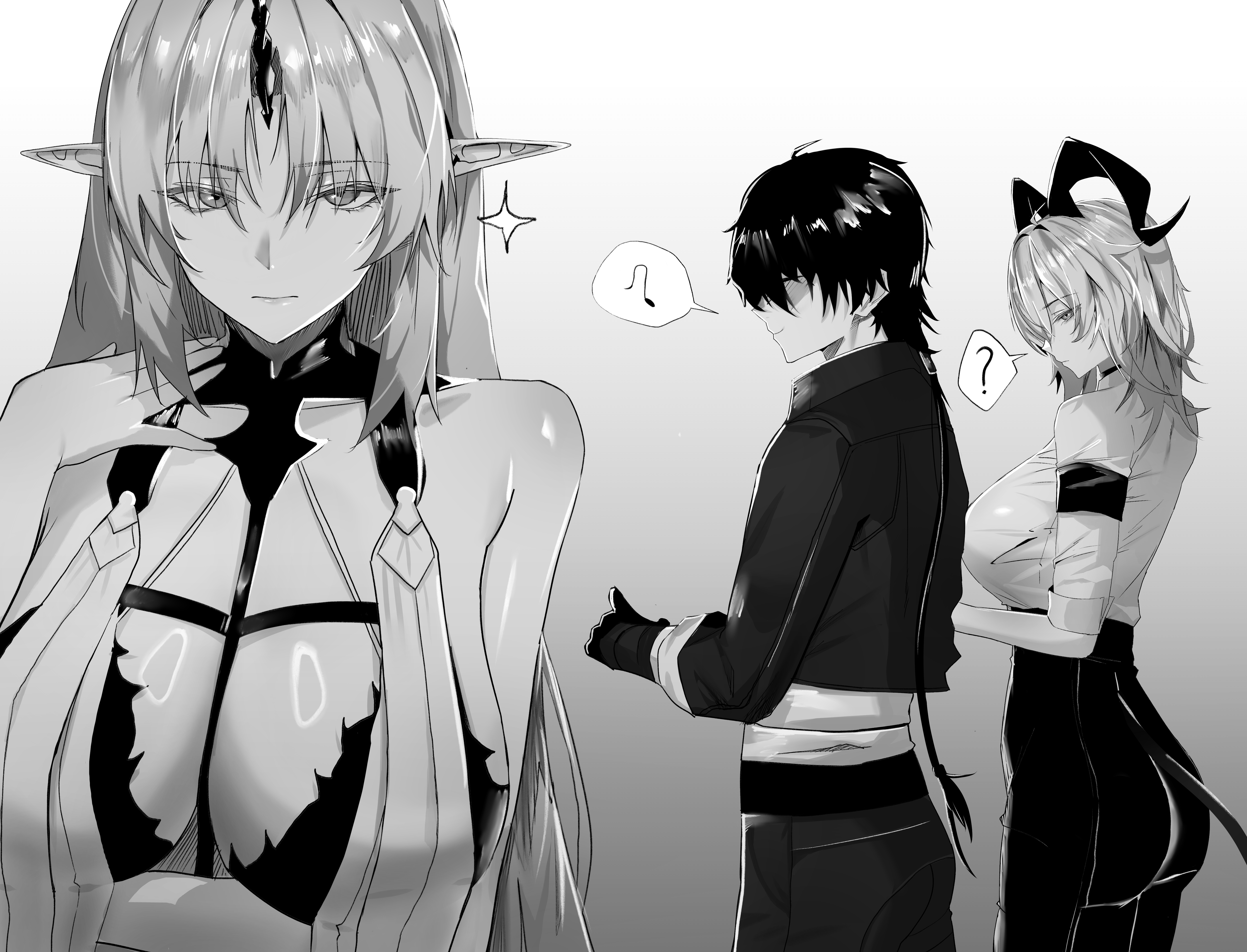 22 (wawara22), fleurdelys (wuthering waves), male rover (wuthering waves), rover (wuthering waves), zani (wuthering waves), wuthering waves, absurdres, commentary, english commentary, highres, 1boy, 2girls, ?, arm under breasts, armband, ass, bare shoulders, breasts, closed mouth, collar, curled horns, gloves, greyscale, hand up, high-waist pants, horns, huge breasts, hxd (style), jacket, large breasts, long hair, looking at viewer, monochrome, multiple girls, musical note, no eyes, no jacket, pants, partially shaded face, pointy ears, sidelocks, single horn, sleeves rolled up, smile, spoken musical note, spoken question mark, tail, tight clothes, tight pants, very long hair