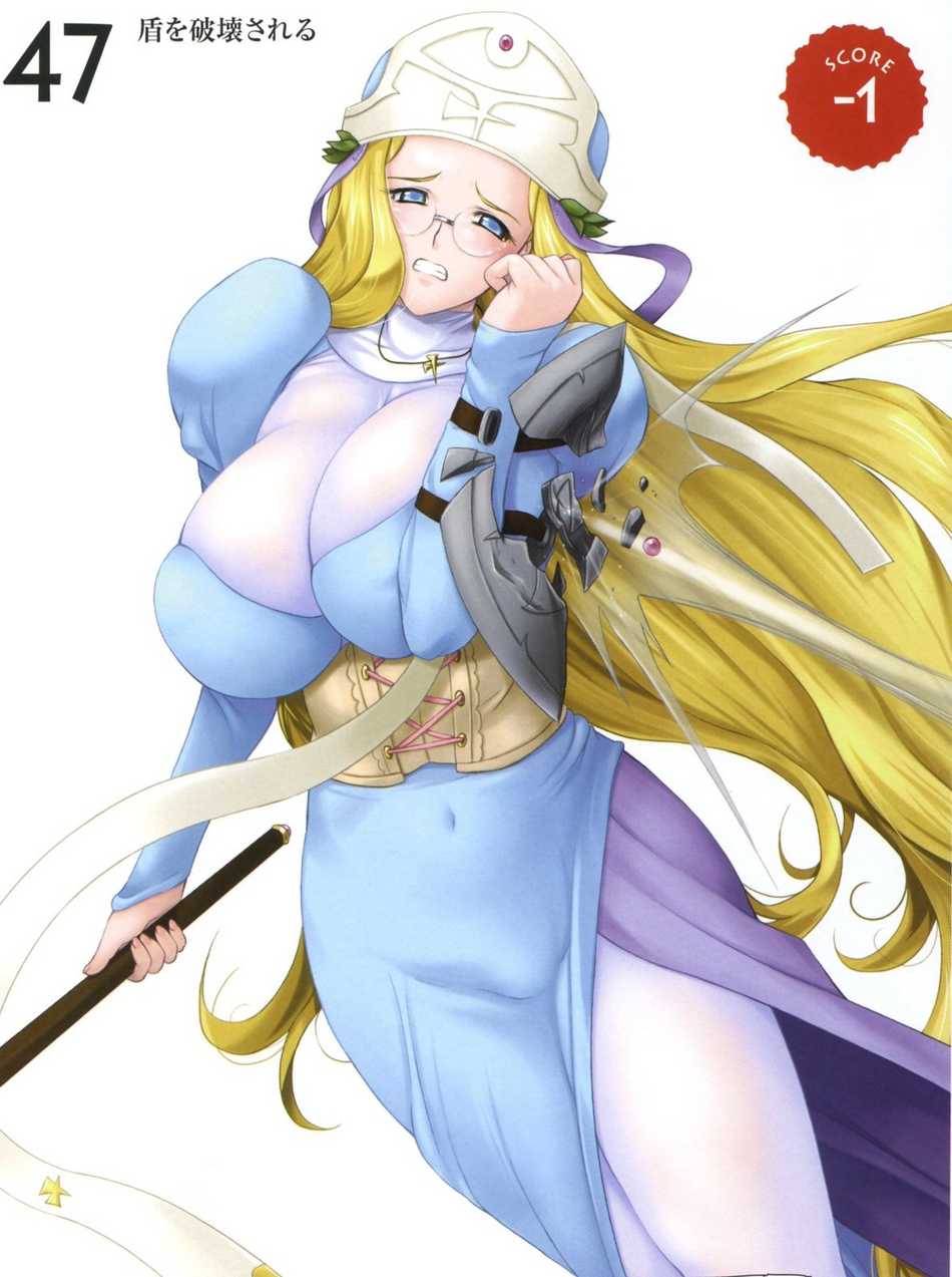 zundarepon, gainos priestess melpha, melpha, queen's blade, highres, jpeg artifacts, scan, 00s, 1girl, blonde hair, blue eyes, bodysuit, breasts, clenched teeth, corset, dress, female focus, glasses, hat, huge breasts, jewelry, long hair, melpha (queen's blade), necklace, shield, simple background, solo, teeth, turtleneck, very long hair