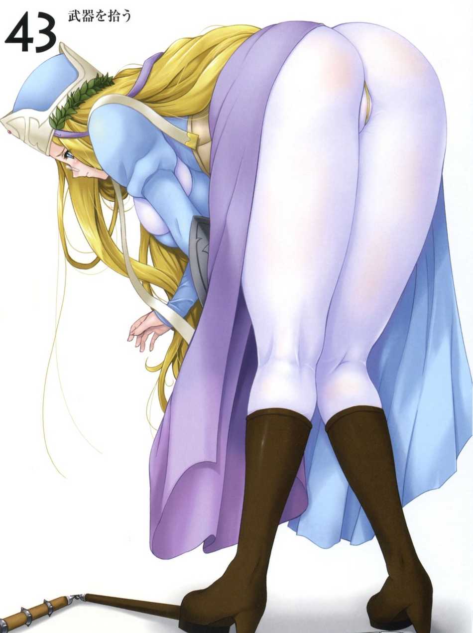 zundarepon, gainos priestess melpha, melpha, queen's blade, highres, jpeg artifacts, 00s, 1girl, ass, bent over, blonde hair, blue eyes, blush, bodysuit, boots, breasts, dress, female focus, flail, from behind, glasses, hat, high heels, huge breasts, kneepits, long hair, melpha (queen's blade), shoes, solo, very long hair, weapon