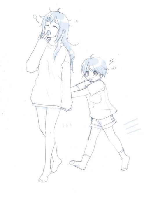 yin xing zi, kyon, kyon no imouto, kyonko, kyonko's brother, suzumiya haruhi no yuuutsu, 00s, 1boy, 1girl, blue theme, brother and sister, genderswap, genderswap (ftm), genderswap (mtf), monochrome, morning, siblings