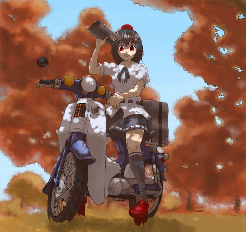 cuboon, shameimaru aya, touhou, vehicle, 1girl, black hair, dappled sunlight, female focus, geta, hat, looking at viewer, motor vehicle, newspaper, scooter, short hair, smile, solo, sunlight, tengu-geta