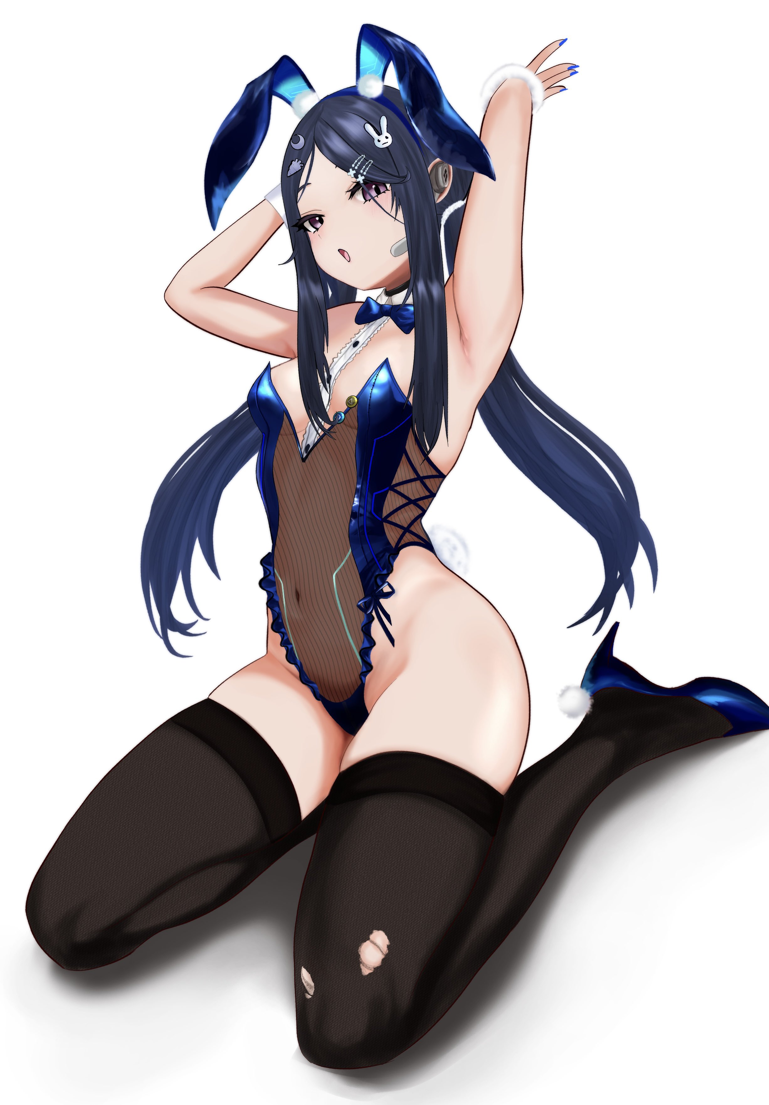 yahaagiii, exia (hacker rabbit) (nikke), exia (nikke), goddess of victory: nikke, absurdres, highres, 1girl, animal ears, armpits, arms up, bare shoulders, black hair, black thighhighs, blue bow, blue bowtie, blue hair, blush, bow, bowtie, breasts, earpiece, fake animal ears, fur-trimmed wrist cuffs, hair ornament, hairclip, high heels, leotard, long hair, looking at viewer, official alternate costume, open mouth, playboy bunny, purple eyes, rabbit ears, rabbit tail, see-through clothes, see-through leotard, sidelocks, simple background, small breasts, solo, tail, thighhighs, twintails, white background, wrist cuffs