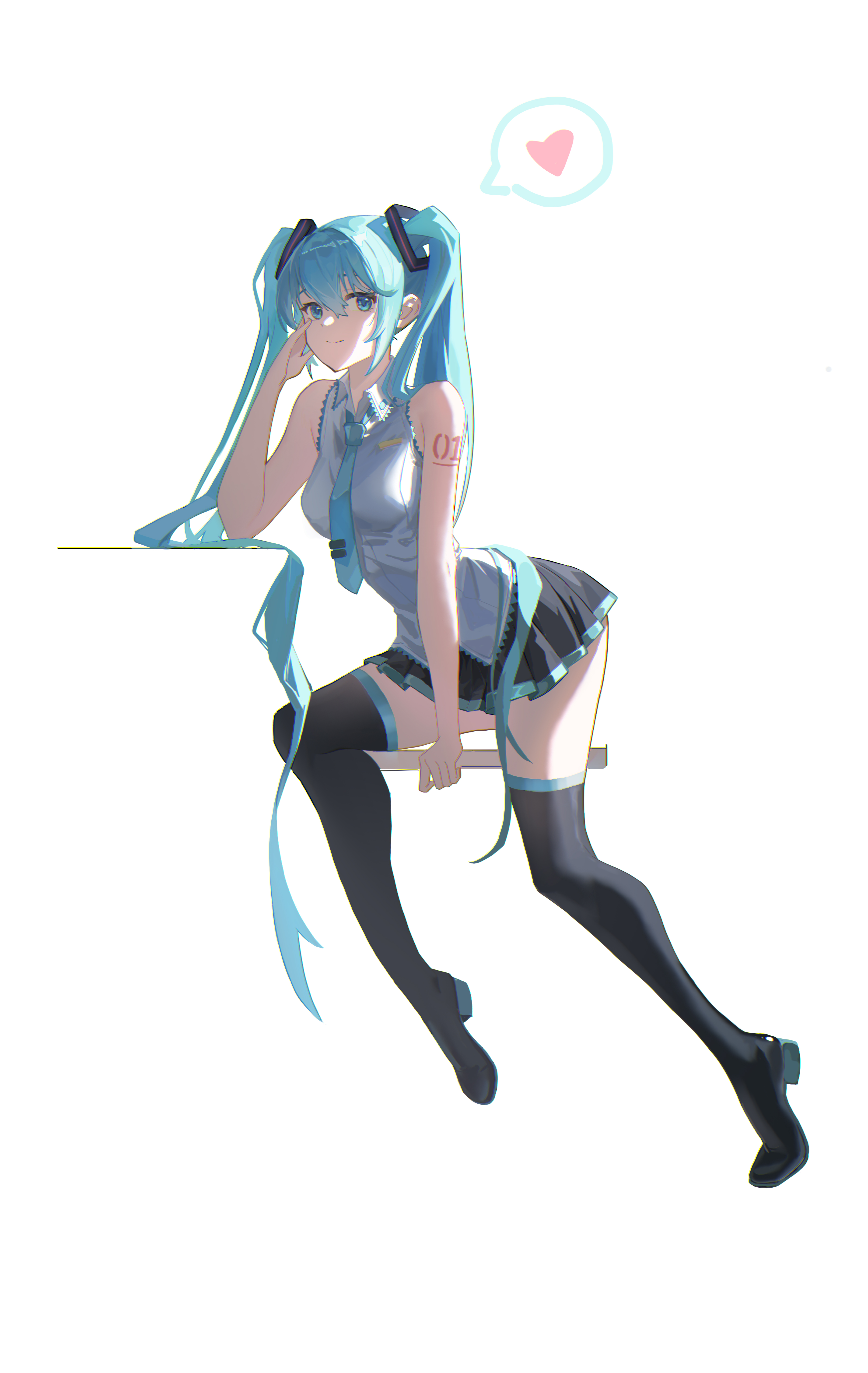 yukkuri (user ffuh5727), hatsune miku, vocaloid, absurdres, highres, 1girl, aqua eyes, aqua hair, aqua necktie, bare shoulders, breasts, hair between eyes, hair ornament, headset, heart, long hair, necktie, number tattoo, pleated skirt, shirt, simple background, skirt, sleeveless, small breasts, smile, solo, spoken heart, tattoo, twintails, very long hair, white background, white shirt