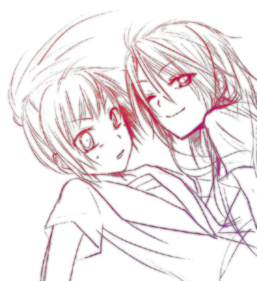 koizumi itsuki, koizumi itsuki (female), kyon, kyonko, suzumiya haruhi no yuuutsu, gender request, 00s, 2girls, :o, blush, genderswap, looking at viewer, looking to the side, multiple girls, one eye closed, ponytail, short sleeves, simple background, smile, sweatdrop, upper body, white background