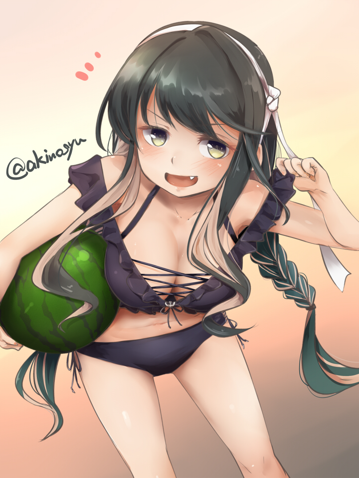 akino shuu, naganami (kancolle), naganami kai ni (kancolle), kantai collection, commentary request, 1girl, bikini, black hair, braid, breasts, fang, food, fruit, large breasts, long hair, multicolored hair, solo, swimsuit, watermelon