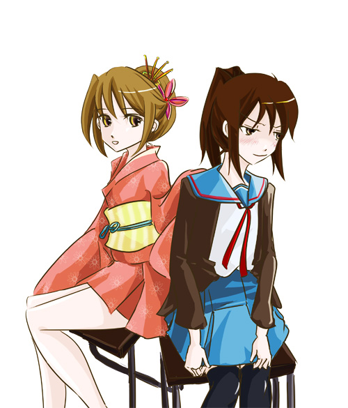 koizumi itsuki, koizumi itsuki (female), kyon, kyonko, suzumiya haruhi no yuuutsu, 00s, 2girls, flower, genderswap, genderswap (mtf), hair flower, hair ornament, hairpin, japanese clothes, kimono, multiple girls, ponytail, school uniform, serafuku, thighhighs