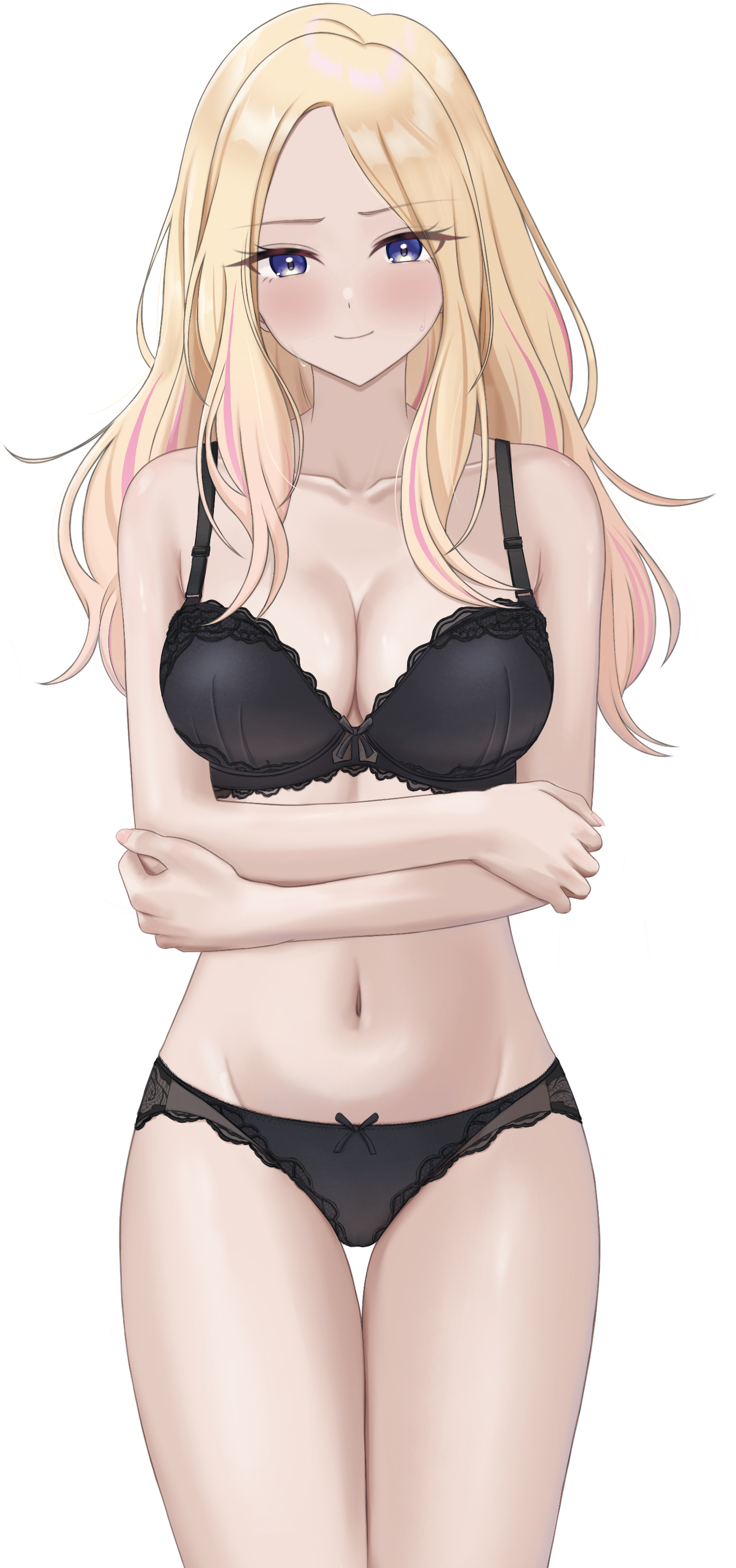 makise (mix020511), juo sena, gakuen idolmaster, idolmaster, absurdres, commentary request, highres, 1girl, bare arms, black bra, black panties, blonde hair, blue eyes, blush, bra, breasts, cleavage, closed mouth, cowboy shot, large breasts, long hair, looking at viewer, panties, simple background, solo, thigh gap, thighs, underwear, underwear only, white background