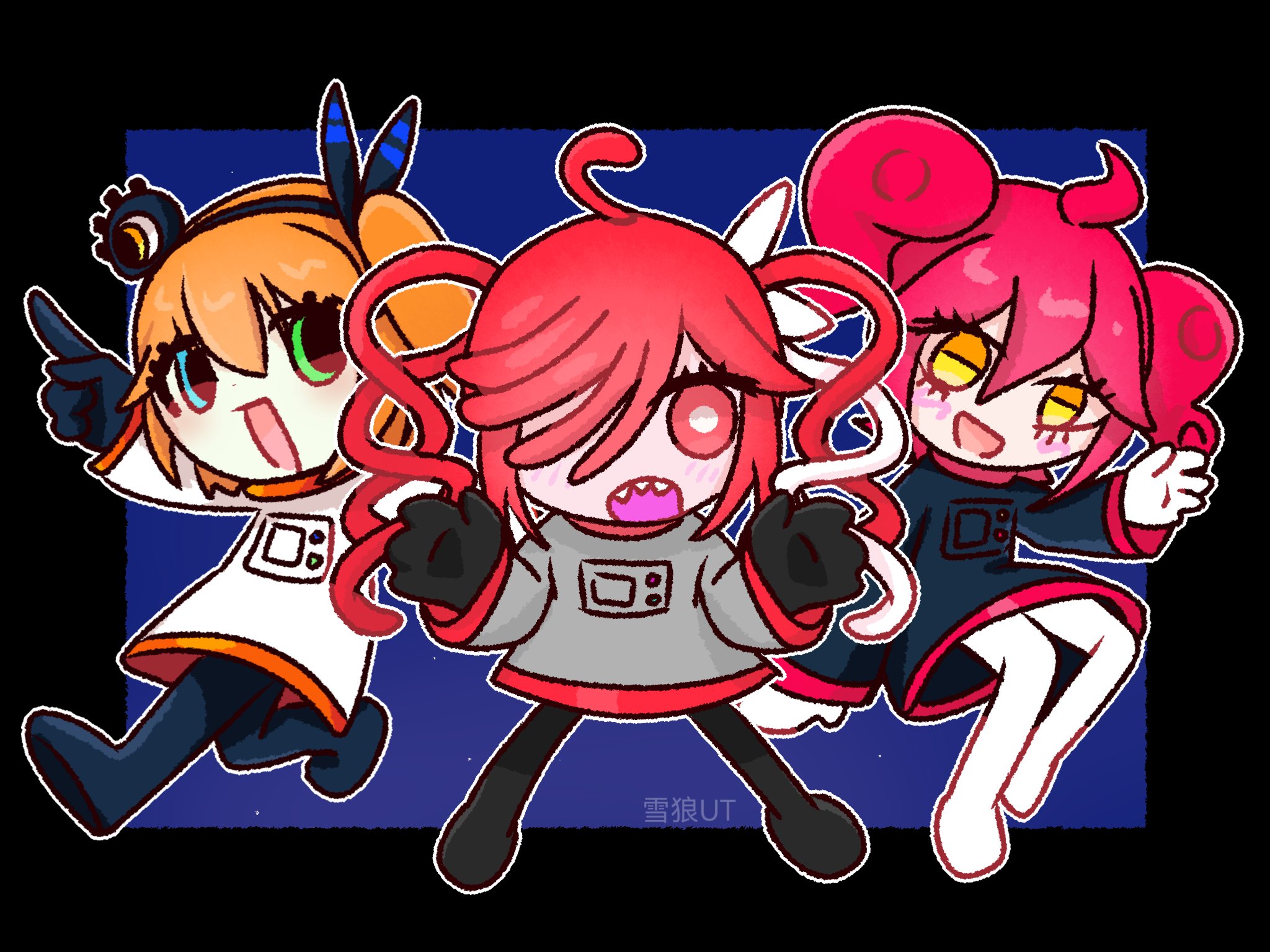 adachi rei, kasane teto, kasane teto (sv), kasane teto (utau), synthesizer v, utau, highres, 3girls, alien, alternate costume, bare legs, black border, blue eyes, border, confostor (utau), green eyes, horizontal pupils, multiple girls, orange hair, red eyes, red hair, sharp teeth, simple background, spacesuit, teeth, white hair, xuelangut114, yellow eyes