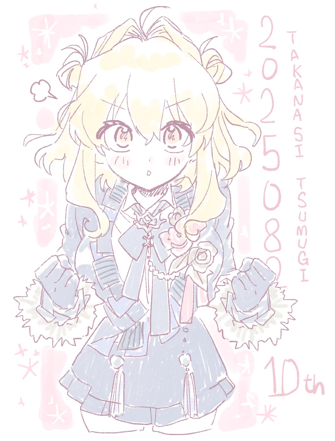 takanashi tsumugi, idolish7, highres, 1girl, :o, aiguillette, blonde hair, blush, bow, bowtie, brooch, character name, clenched hands, collared shirt, dated, double-parted bangs, double bun, epaulettes, flower brooch, frilled skirt, frills, ganbaru pose, gloves, hair between eyes, hair bun, hair intakes, jewelry, lapel pin, lapels, looking at viewer, lower body, medium hair, pastel colors, pink background, red eyes, shirt, sidelocks, simple background, single epaulette, skirt, solo, sparkle, speech bubble, white background, wide-eyed